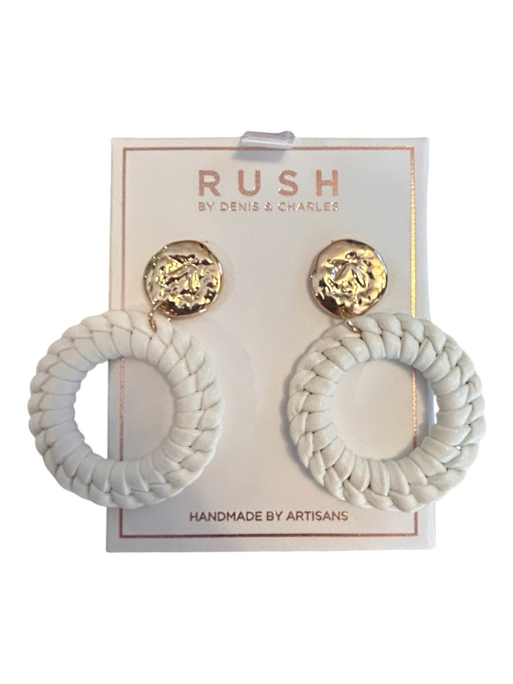 White Braided Hoop Drop Earrings with Gold Detail
